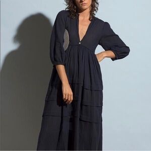 Loup Charmant Scallop Organic Cotton Navy Blue Tiered V-neck Midi Dress